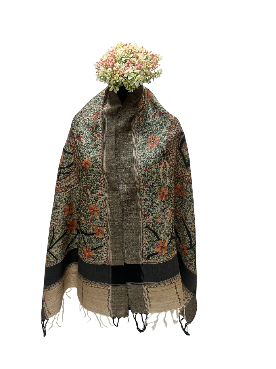 All Over Handpainted Madhubani in Tussar Pashmina Silk Stole with Black Border